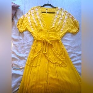 Free People Yellow & White Midi Dress Floral Embroidery - Size Med